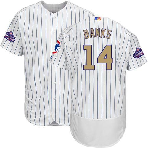 Cubs #14 Ernie Banks White(Blue Strip) Flexbase Authentic Gold Program Stitched MLB Jersey - Click Image to Close